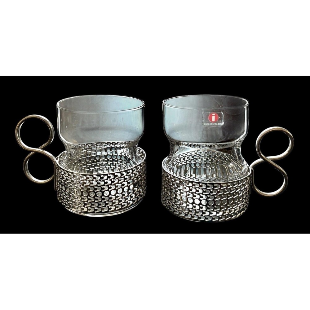 Set Of 2 Iittala Finland Tsaikka Glasses Metal Holder‎ Timo Sarpaneva